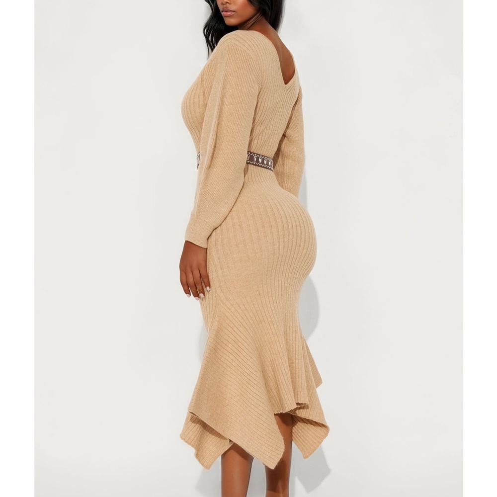 FashionNova Bria Belted Dress mocha Elegant Tan Knit Dress size XS - Picture 4 of 16